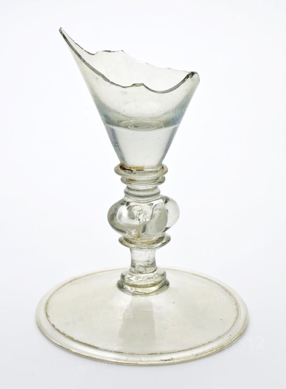 Fragment of foot, trunk and goblet of chalice, drinking glass drinking utensils tableware holder soil find glass, handblown
