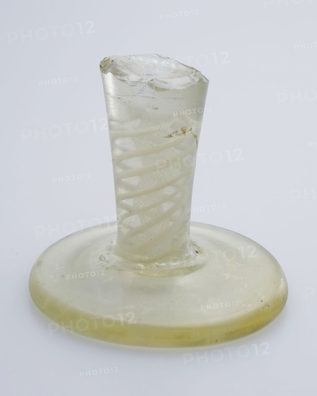 Fragment of foot and stem of goblet with white-opaque threads in stem (pendulum glass), shot glass drinking glass drinking