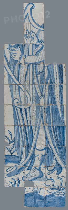 Tile panel in blue with harp player, David?, tile picture material ceramic earthenware glaze, in form made baked glazed painted