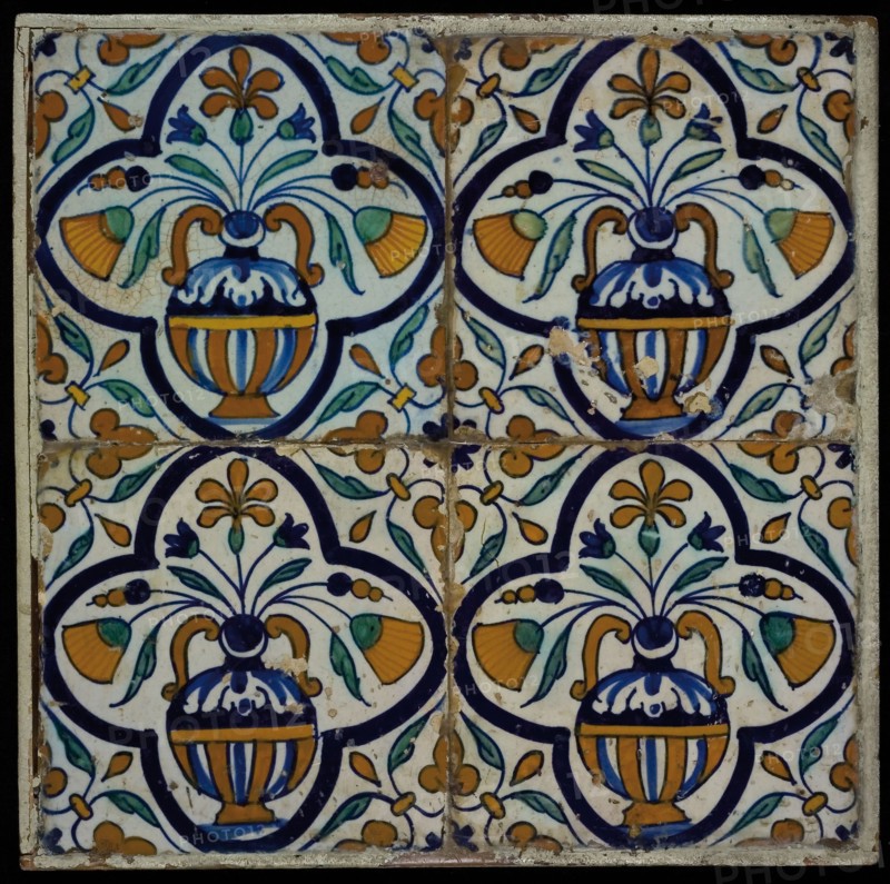 Tile field of four flower pots, framed, corner motif, wing leaf, polychrome, tiled pitch wall tile tile sculpture ceramics