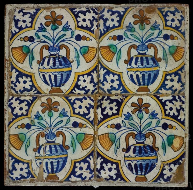 Tile field of four flower pots, boxed, angular palm corner, polychrome, tiled field wall tile tile sculpture ceramics pottery