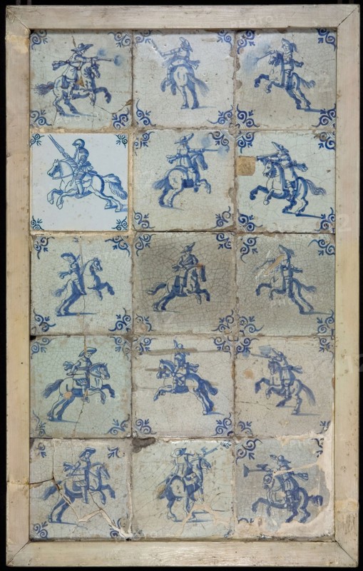 Tile field, fifteen blue tiles, horsemen, corner motif of ox's head, tile field wall tile tile sculpture ceramics pottery glaze