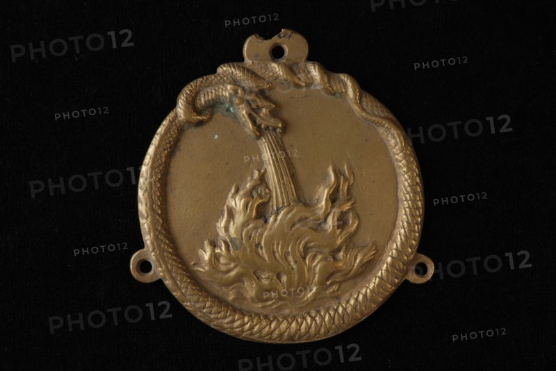 Decorative fire spray with hose and fire, batter finished metal iron copper, cast Metal fittings Shield shows large water