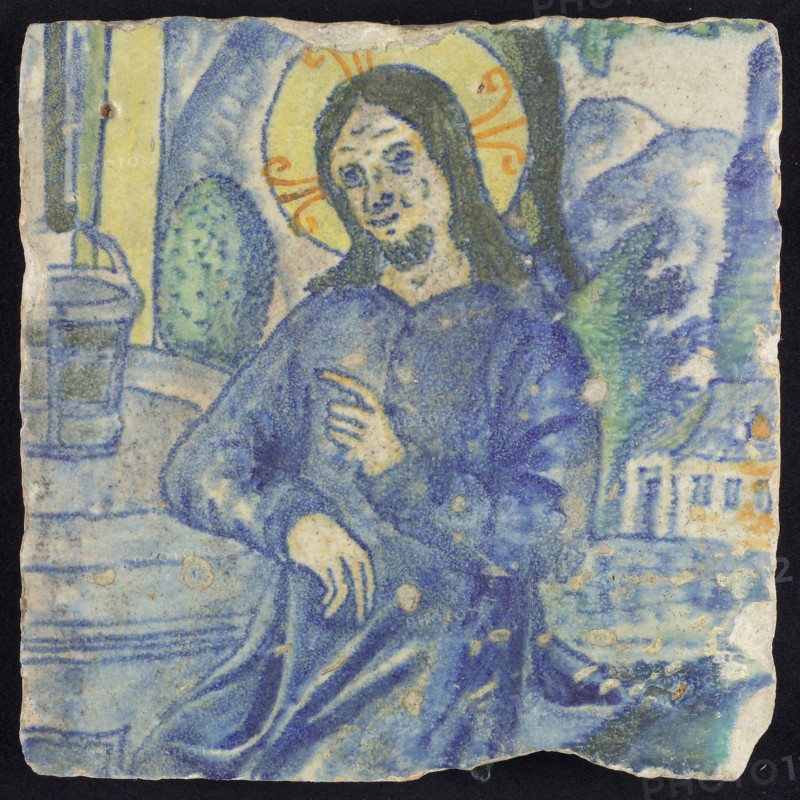 atelier Den Salm, Three tiles from majolica tile picture 'Jesus at the source', polychrome, tile picture footage fragment