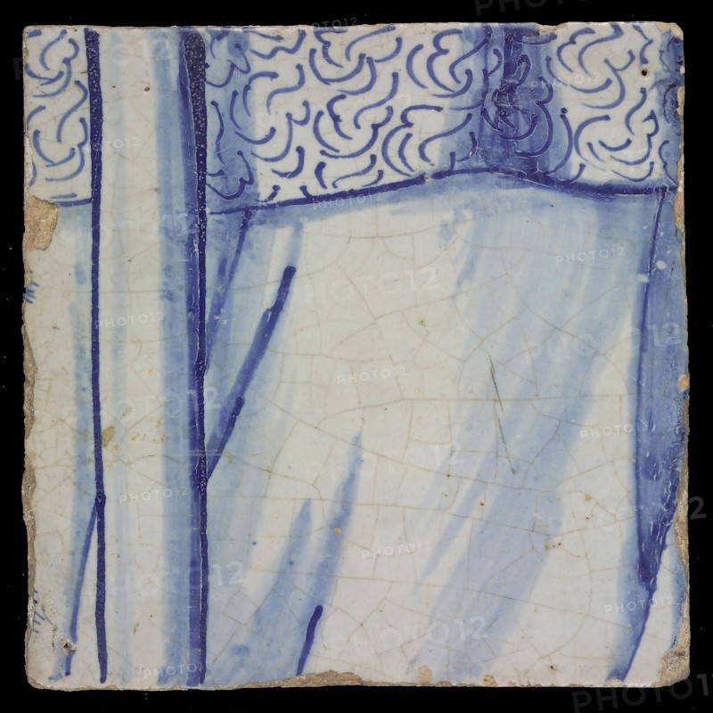 Loose tile from tableau with robe and stick or rod, tile picture footage fragment ceramics pottery glaze tin glaze, in form made