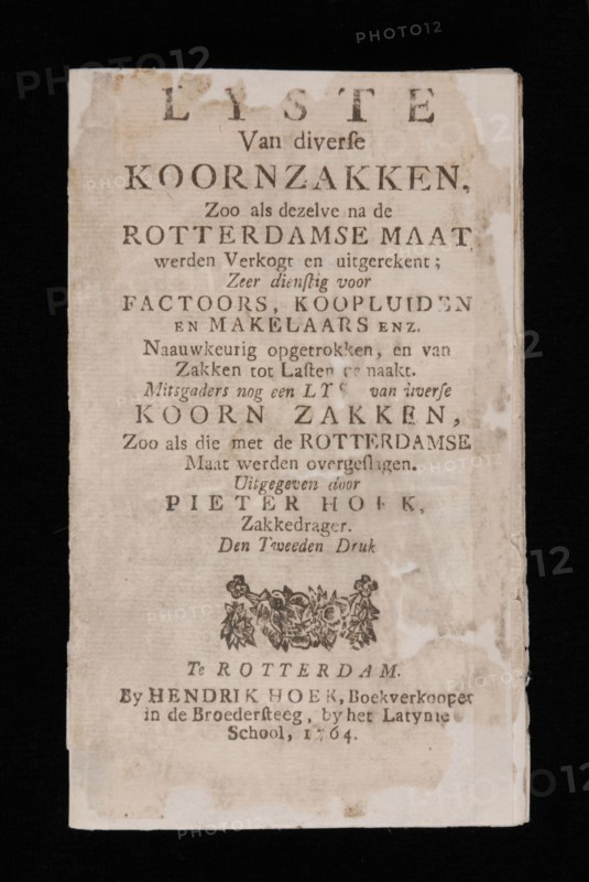 Hoek, Hendrik, CORNER, PIETER. List of various corn bags, old-print book information form paper, printed Lyste of various corn