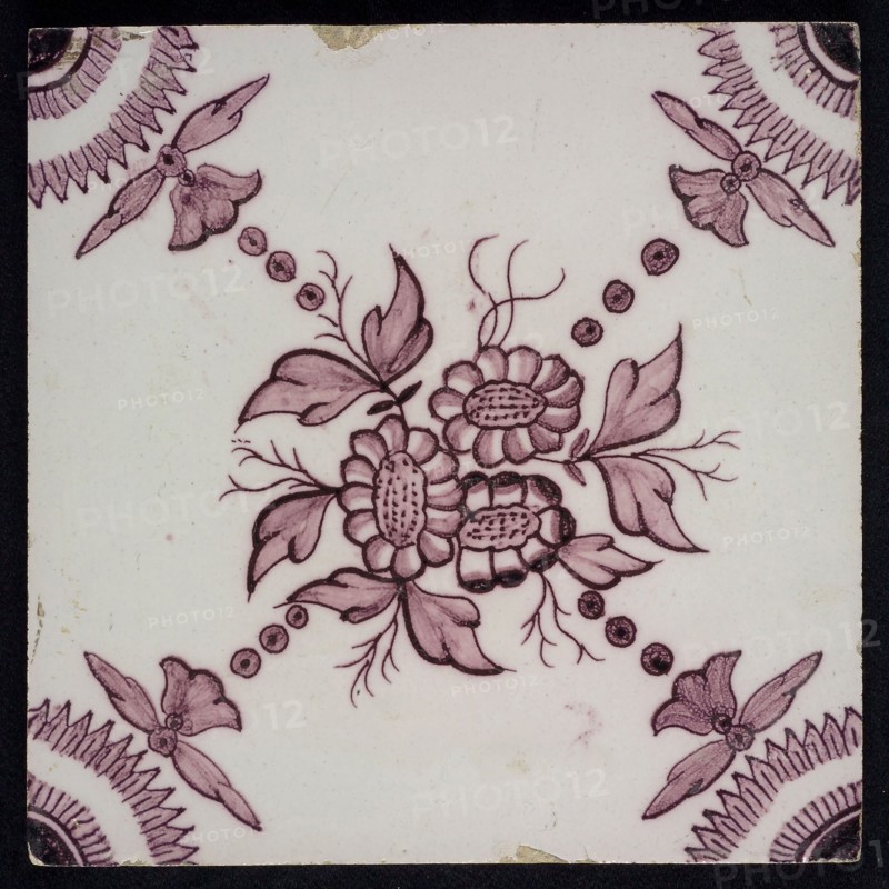 Ornament tile flowers, corner motif quarter rosette, wall tile tile sculpture ceramic earthenware glaze, baked 2x painted glazed