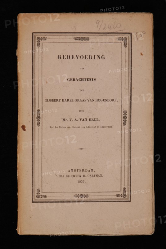 Gartman, de erven H., HALL, Mr. FA. FROM. speech in memory of Gysbert Karel Graaf van Hogendorp, old-print book information form