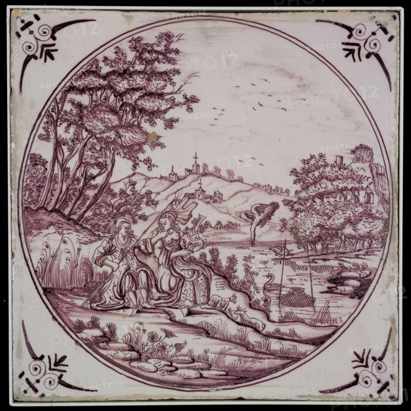 Plaque, man and woman at waterfront, corner motif ox's head, plaque tile footage ceramic earthenware glaze, baked 2x painted
