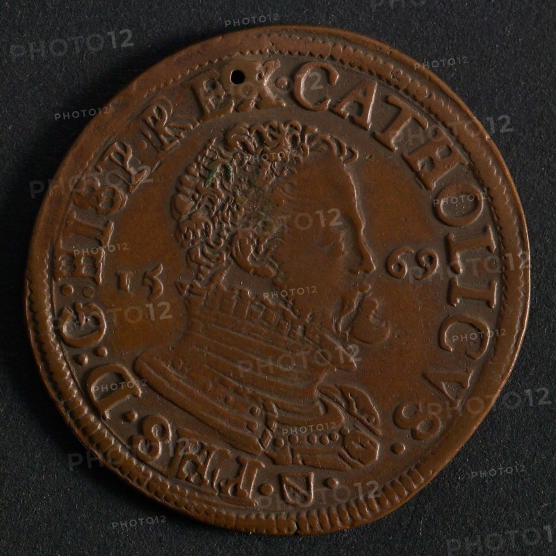 Medal on Philips II and the Geuzen, jeton utility medal medal exchange copper, Obverse: portrait Philips II Omschrift omschrift