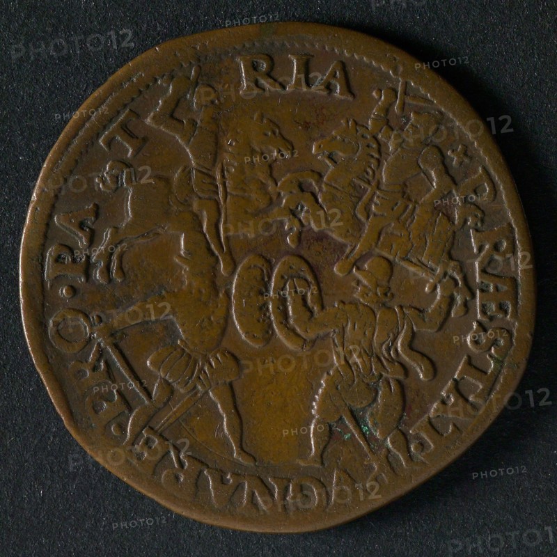 Medal on the peace negotiations in Cologne, 1579, jeton utility medal medal exchange copper, two horsemen and two foot soldiers