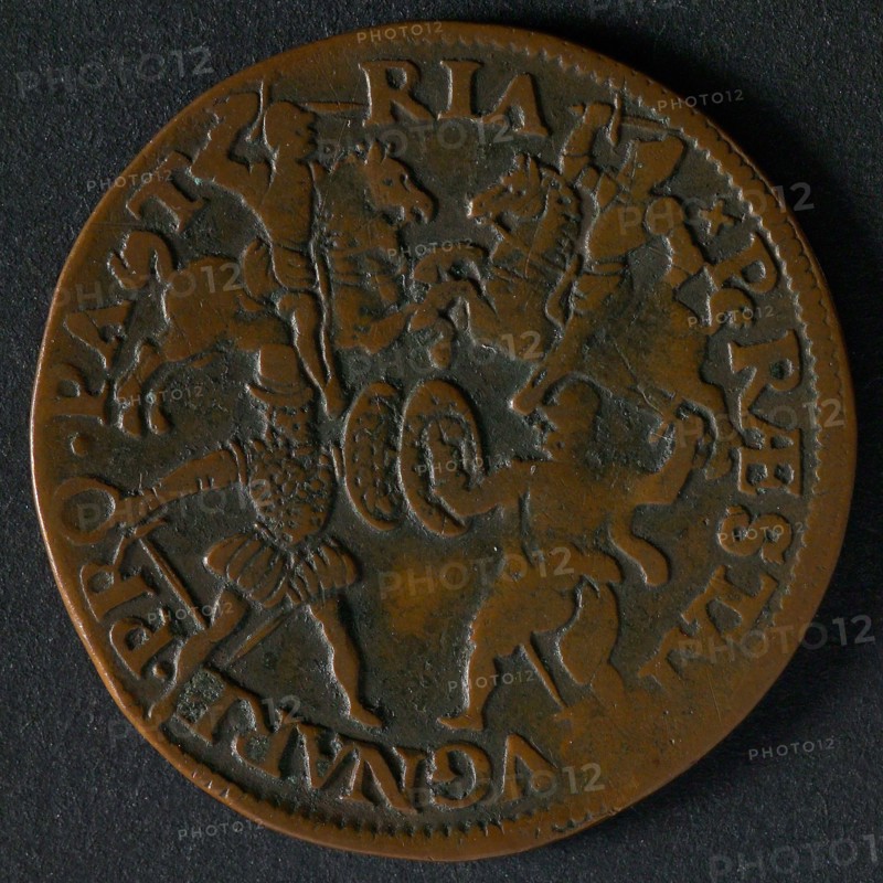 Medal on the peace negotiations in Cologne, 1579, jeton utility medal medal exchange copper, two horsemen and two footmen wound