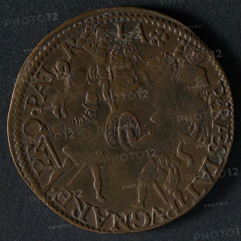 Medal on the peace negotiations in Cologne, 1579, jeton utility medal medal exchange copper, two horsemen and two foot soldiers