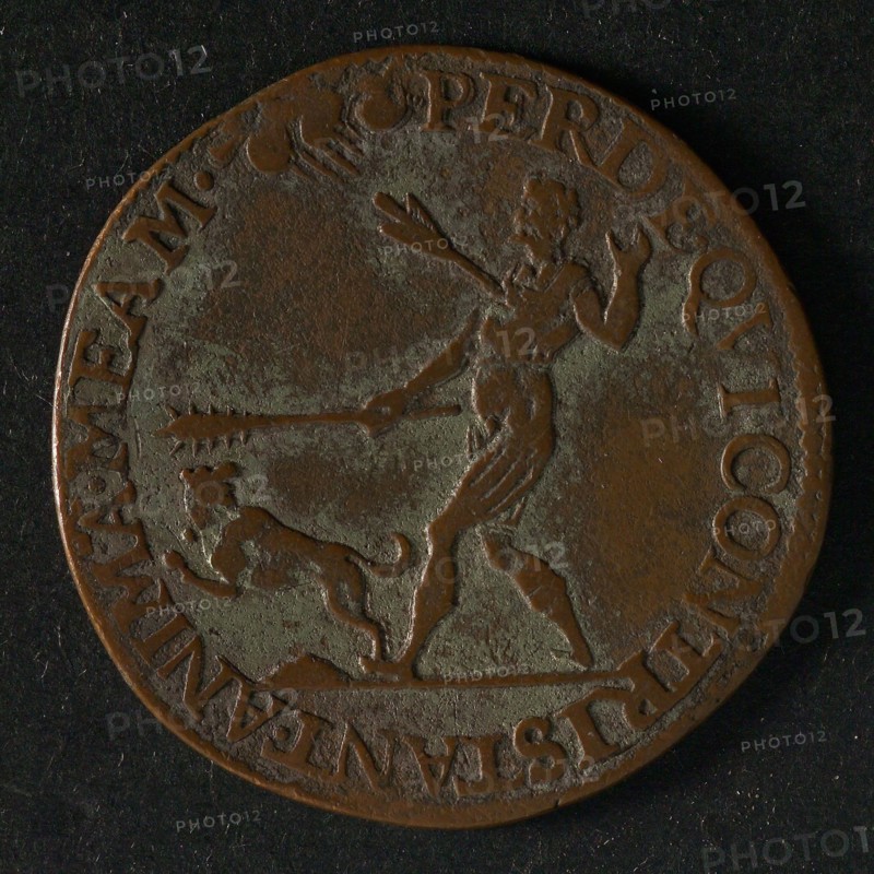 Medal on the denunciation of Philips II, jeton utility medal medal exchange copper gold, gilded, man with good day or tomorrow