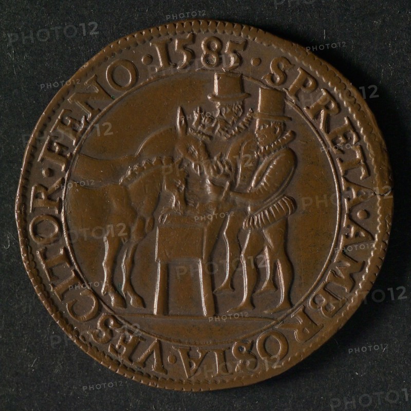 Medal on the fall of Antwerp, jeton utility medal medal exchange buyer, two Spaniards with horse and donkey eating hay