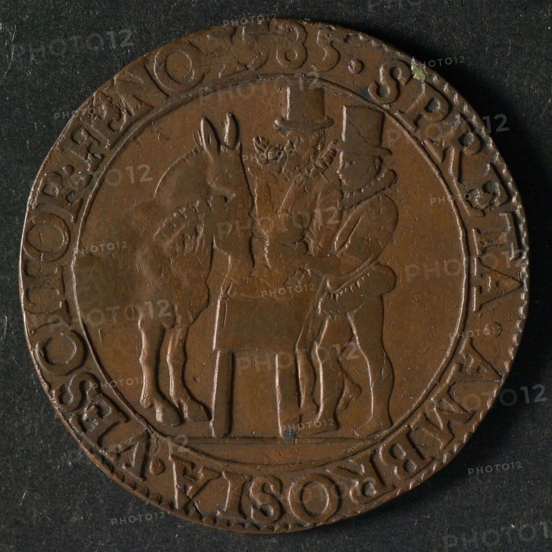 Medal at the fall of Antwerp, jeton utility medal medal exchange buyer, two Spaniards with horse and donkey eating hay