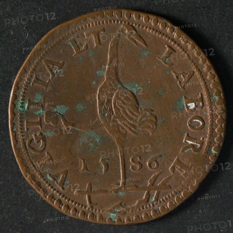 Medal in honor of Parma, jeton utility medal medal exchange copper, Obverse: crane standing on one leg on plow in the other leg