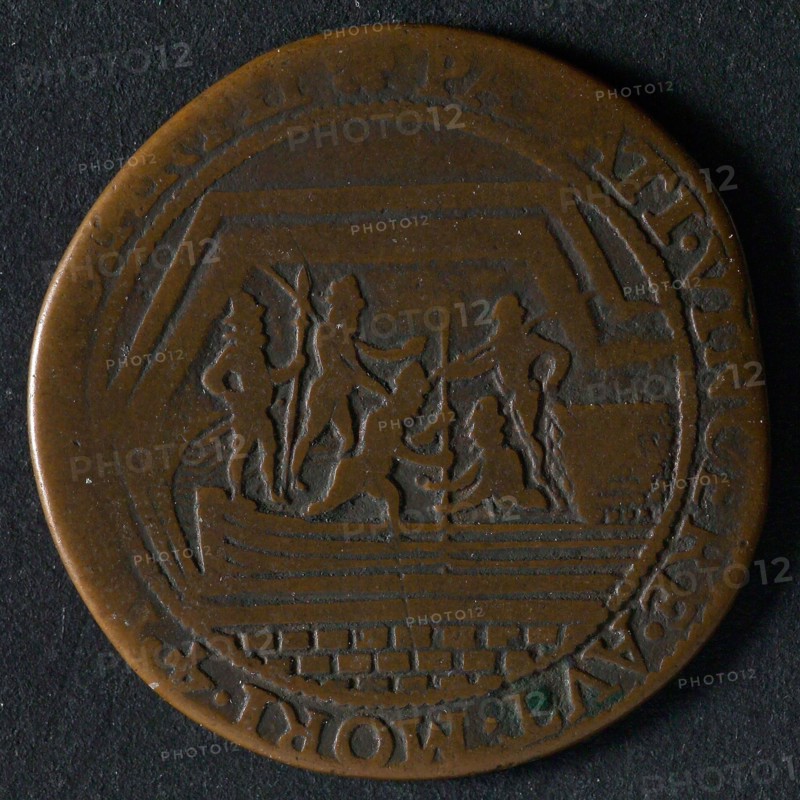 Medal on the intake of Breda, jeton utility medal penny exchange buyer, five people come from peat ship lying in moat omschrift
