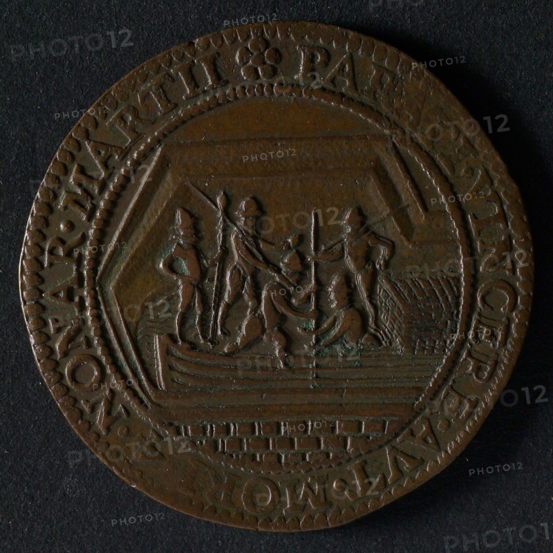Medal on the intake of Breda, jeton utility medal medal exchange buyer, five people come from peat ship lying in moat omschrift
