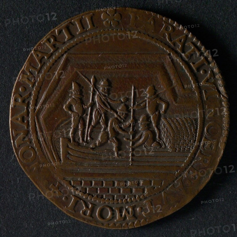 Medal on the intake of Breda, jeton utility medal medal exchange buyer, five people come from peat ship lying in moat omschrift