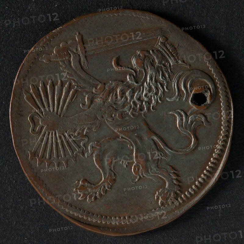 Medal on the peace negotiations of 1595, jeton utility medal penning exchange copper silver, armed man keeps watch on tower