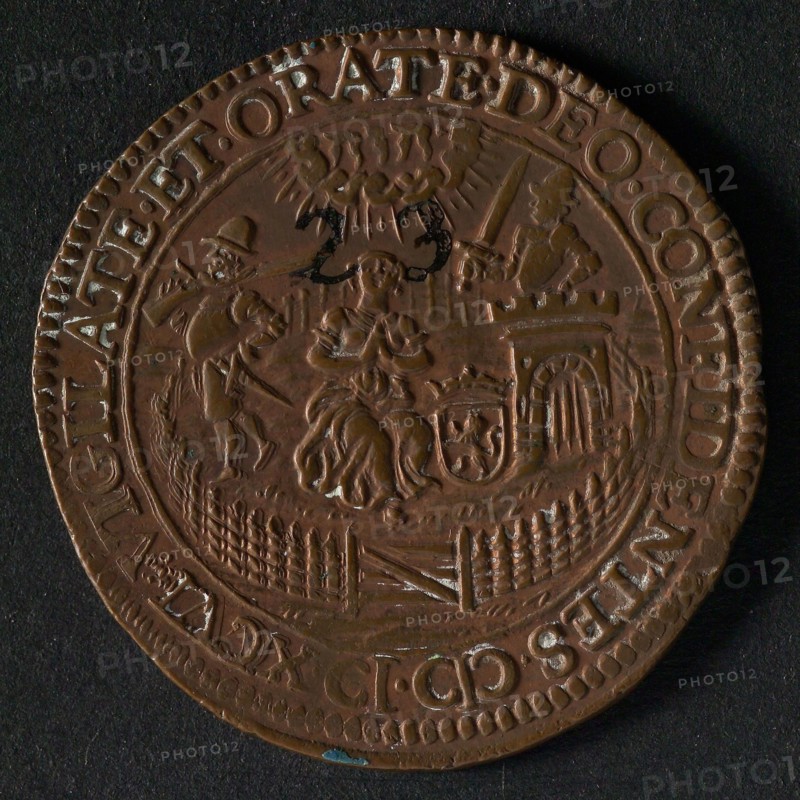 Medal on the threat of Zeeland by Albert of Austria, jeton utility medal medal exchange copper, Spanish and Staatse armies