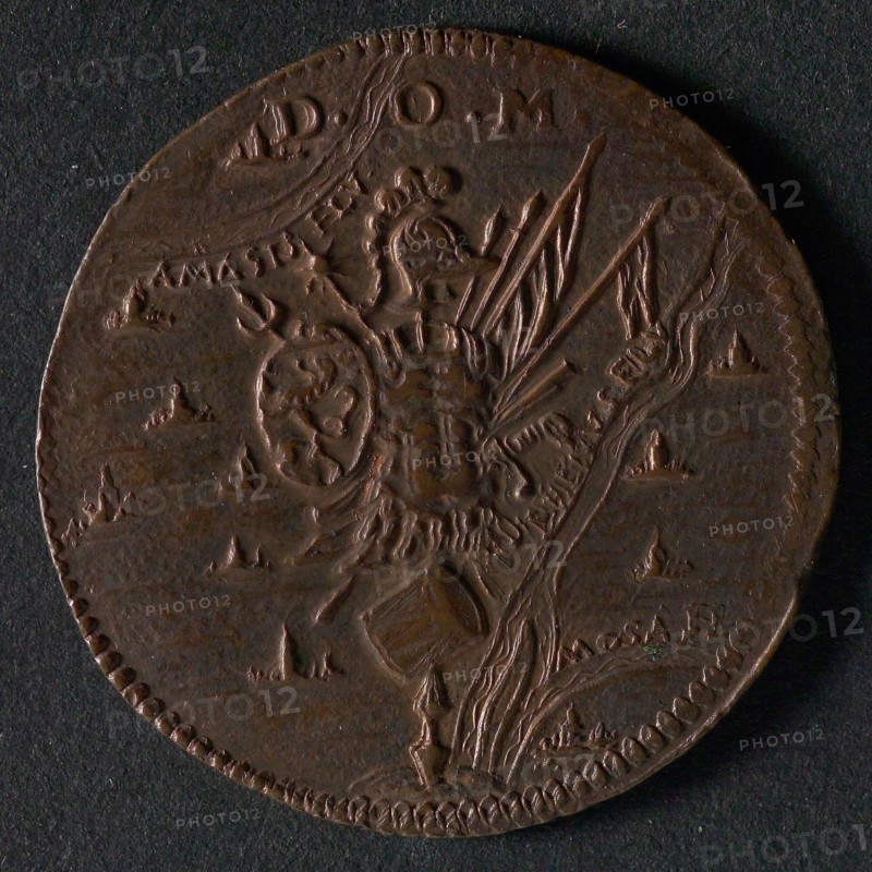 Medal on the victory of Prince Maurits at Turnhout and other war events, jeton utility medal medal exchange copper, weapon