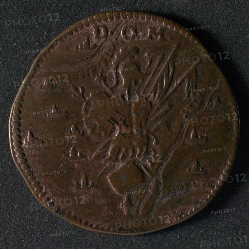 Bill on the victory of Prince Maurits at Turnhout and other war events, jeton utility medal medal exchange copper, weapon trophy