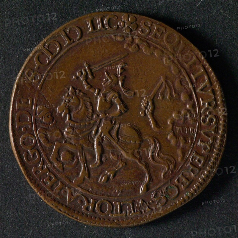 Medal on the war events in 1598, jeton utility medal penny exchange copper, reinforced army camp on river protected by angel