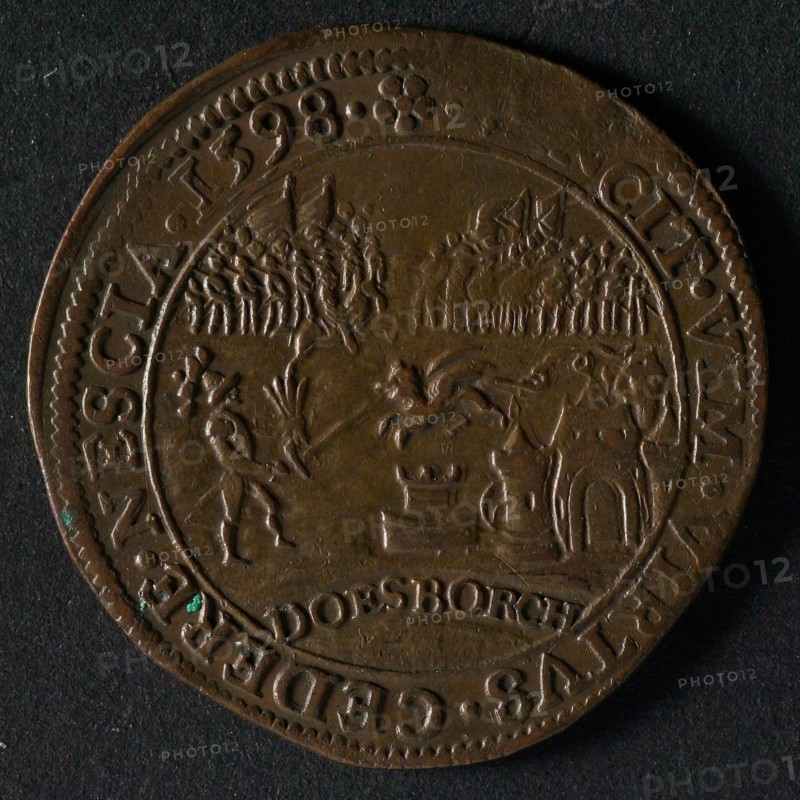 Medal on the parapet of Prince Maurits' army near Doesburg, jeton utility medal penny exchange buyer, warrior keeps sword