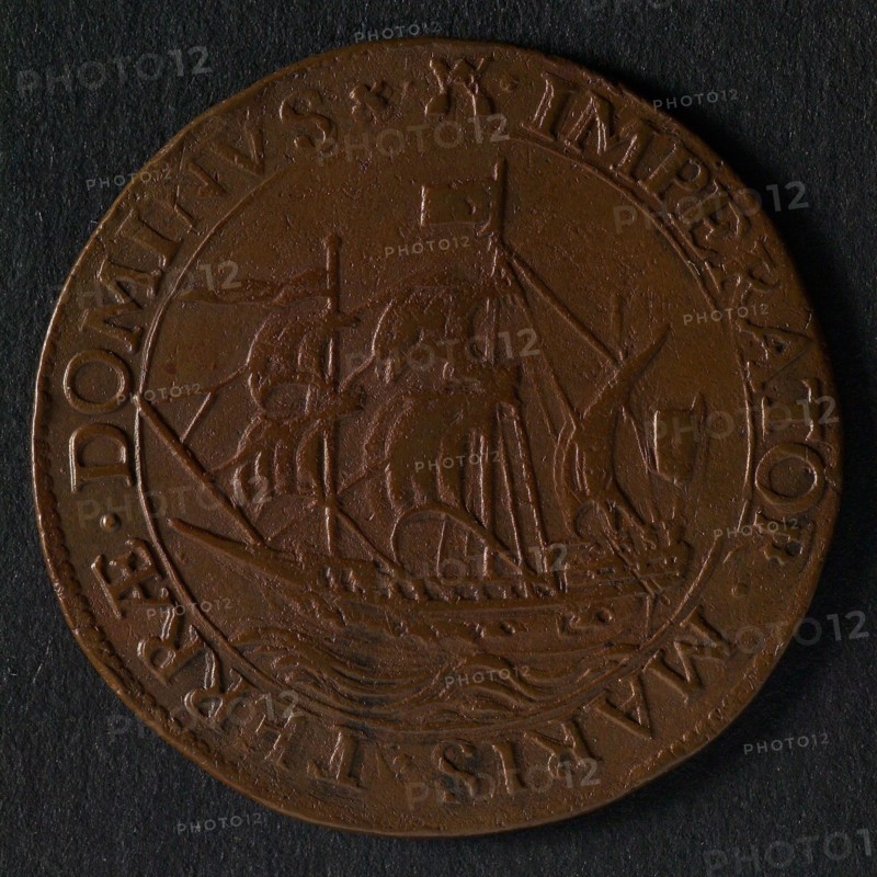 Medal on the victory of the Zeeuwen against the Spaniards, jeton utility medal medal exchange copper, large sailing vessel