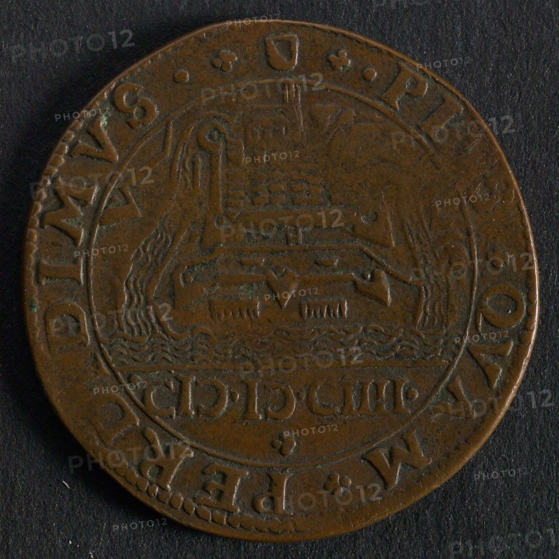 Medal on the surrender of Ostend, jeton utility medal medal exchange buyer, view of city Sluis in cut-off weapon region Utrecht