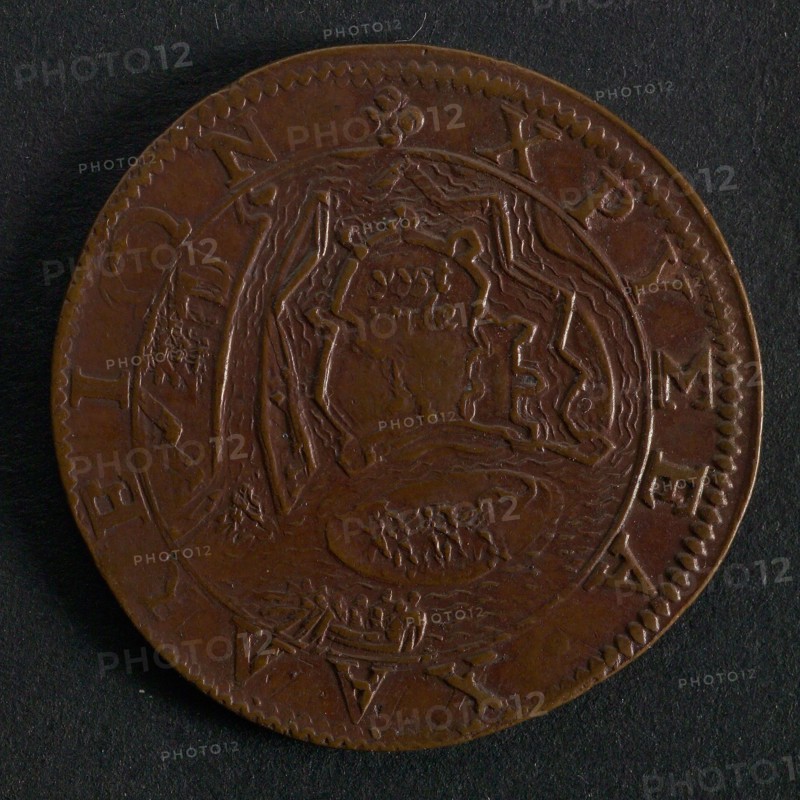 Medal on the surrender of Ostend, jeton utility medal medal exchange buyer, view of Sluis and surroundings, SLVIS (Sluis) legend