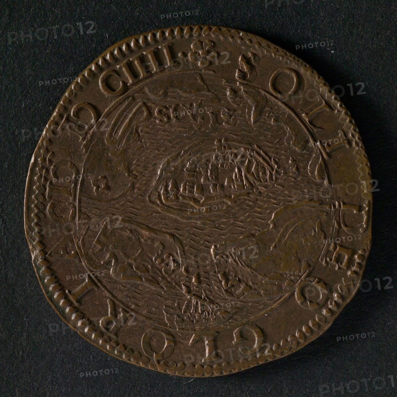 Medal on the surrender of Ostend, jeton utility medal medal exchange buyer, view of Sluis and surroundings, SLVIS (Sluis) legend