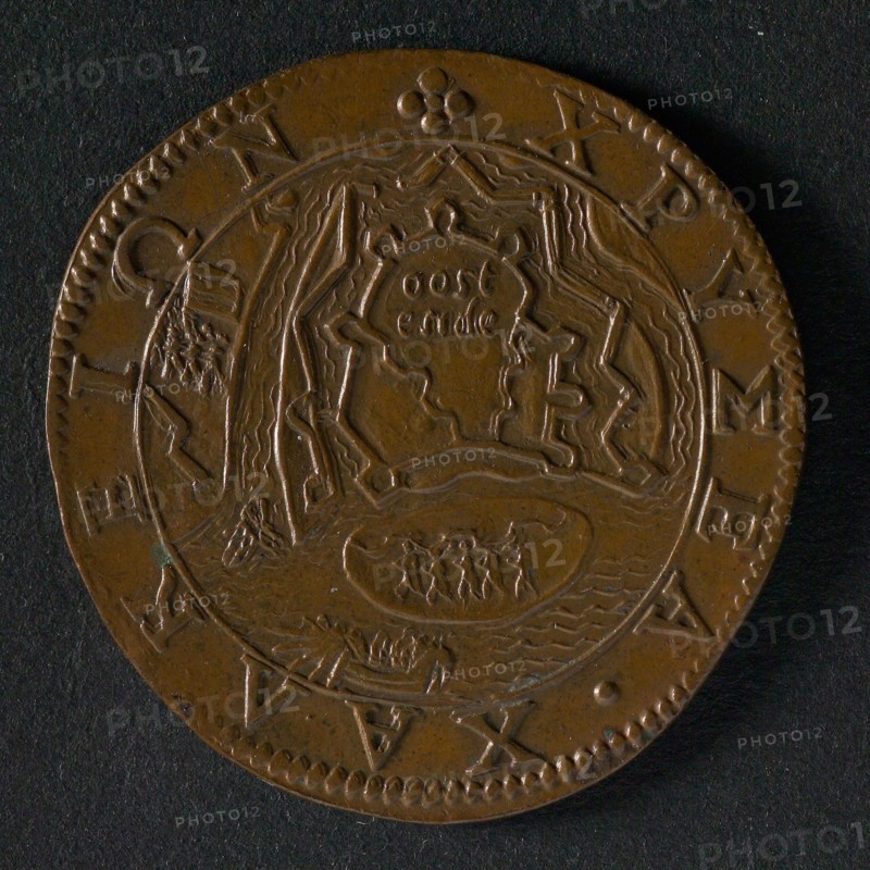 Medal on the surrender of Ostend, jeton utility medal medal exchange buyer, view of Sluis and surroundings, SLVIS (Sluis) legend