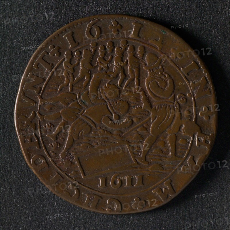 Medal on the riots in Utrecht, jeton utility medal medal exchange copper, Two men dig well in the presence of followers