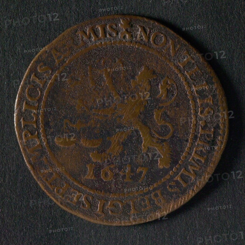 Medal on the peace negotiations with the Spaniards, jeton utility medal medal exchange copper, Dutch lion with arrows and scale