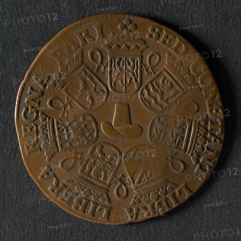 Medal on the covenant between the Republic, France and England, jeton utility medal medal exchange copper, crowned Dutch lion