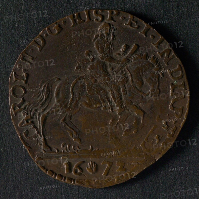 Medal from the Southern Netherlands, jeton utility medal medal exchange copper, King Charles II on horseback to right legend