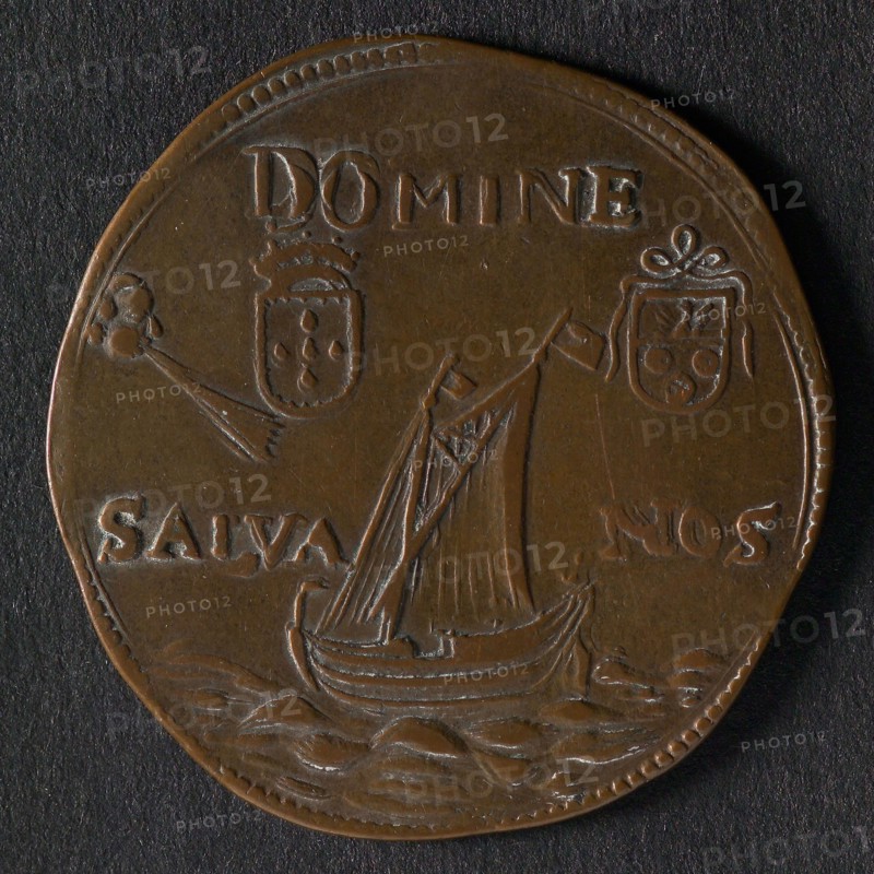 Medal on the difficult conditions in the Southern Netherlands, jeton utility medal medal exchange copper, ship with full sails