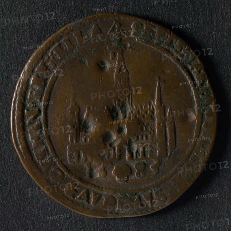 Medal on the Rooze family and the city of Brussels, jeton utility medal medal exchange copper, coat of arms of the genus Rooze