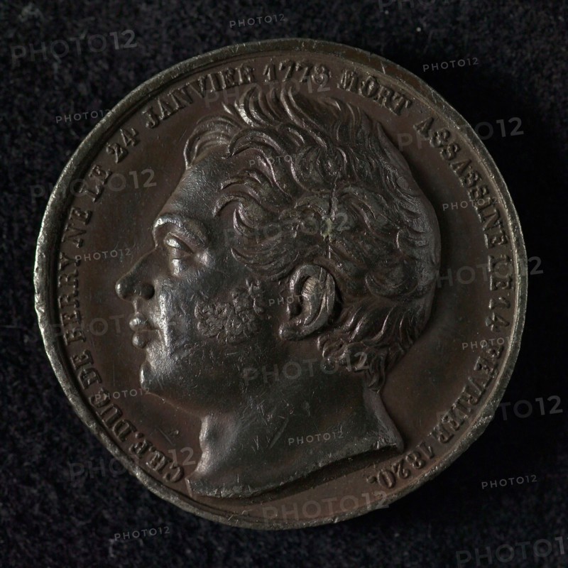Medal on the murder of the Duke of Berry and the birth of the Duke of Bordeaux, birth penny penning footage iron paint?, Penning