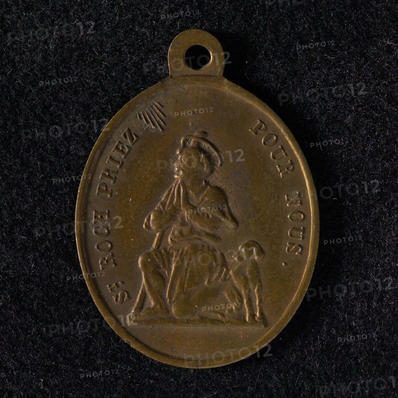 Oval wearing medal on St. Roch, bearer penny identification bearer bronze, w 1,9 F: St. Rochus with pilgrim's staff and dog