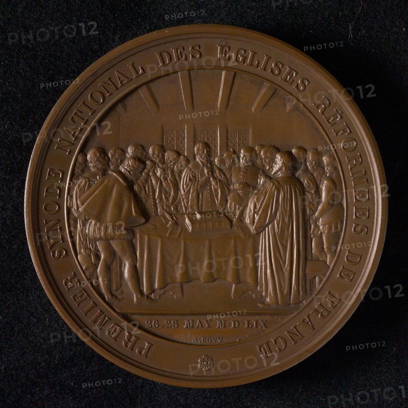 A. Bovy, Medal on the third centenary of the French Reformed Church, medallion bronze bronze 6.8, large group of clergy gathered