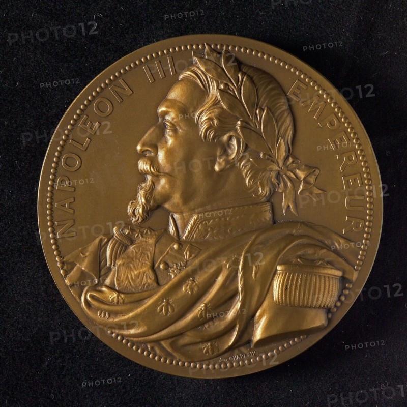 J.C. Chaplain (1839 - 1909), Medal at the World Exhibition in Paris in 1867, medallion bronze bronze figure 8,0, bust Napoleon
