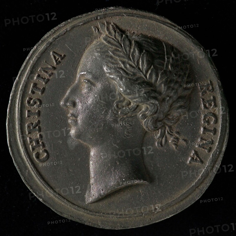 Medal on Christina of Sweden, penning footage metal lead, portrait of Christina used to the left. Omschrift omschrift: CHRISTINA
