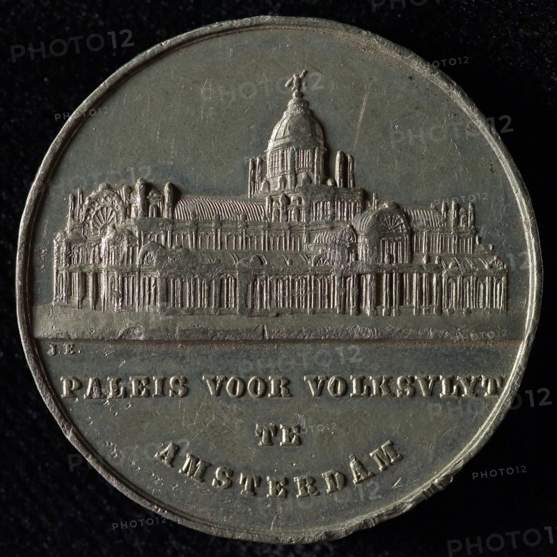 J. Elion, Medal at the opening of the Paleis voor Volksvlijt in Amsterdam, penny visual material tin, image of the Paleis