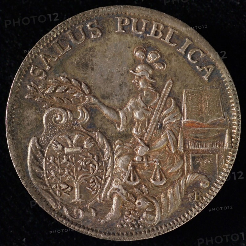 Tooling Medal from Den Bosch, tool penny coin identification carrier silver, City view; above it cartouche in cartouche: SILVA