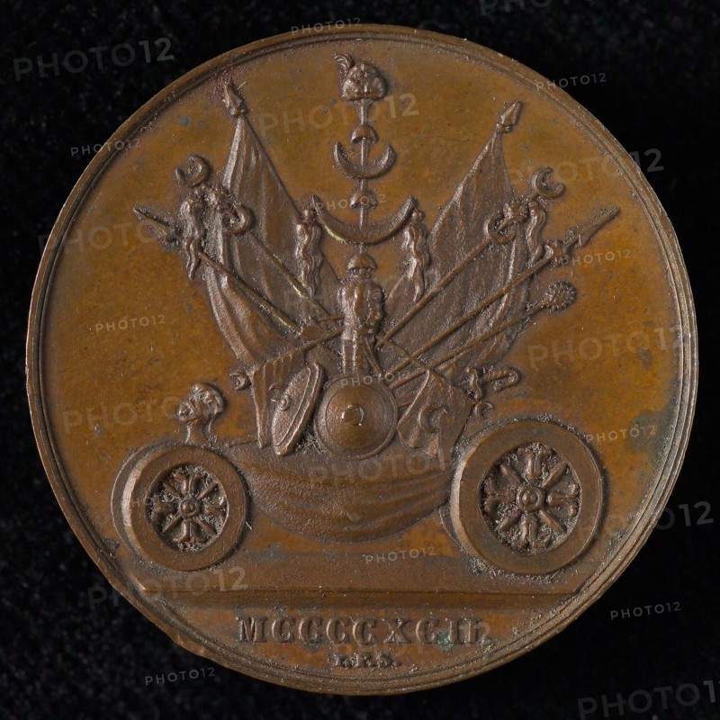 J.P. Schouberg, Medal of the Masquerade in Leiden in 1835, medallion bronze bronze, triumphant with conquered Moorish banners