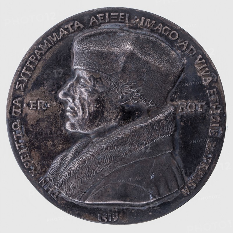 One-sided plaque medal at Erasmus, penning footage silver, cast, left aligned bust Erasmus, .ER. -ROT. left omschrift Greek text